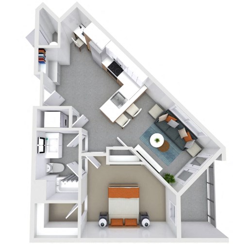 Floor plan for 1 bed, 1 bath, 730 sqft